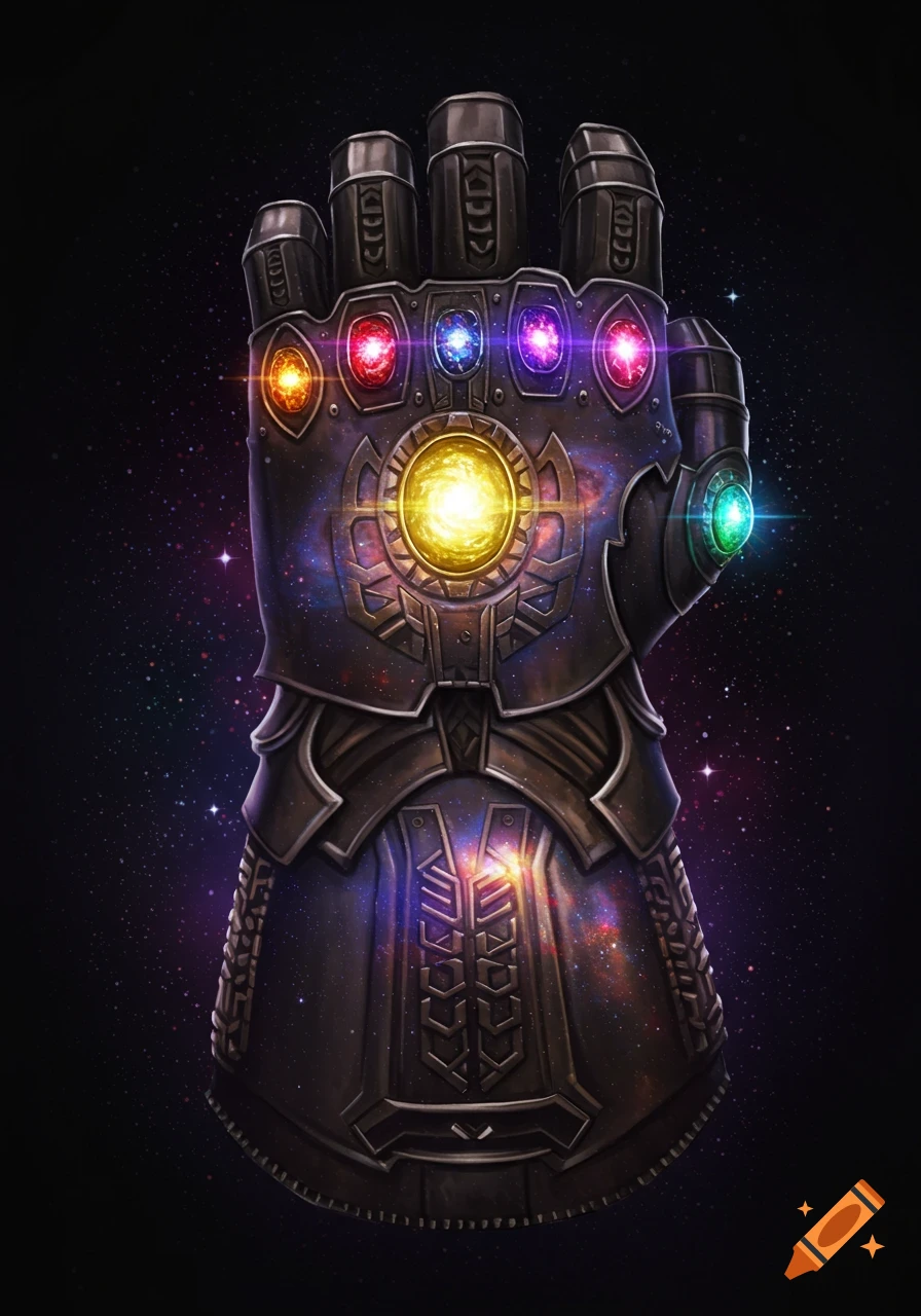 The Infinity Gauntlet filled with a galaxy pattern and glowing stones against a starry background.