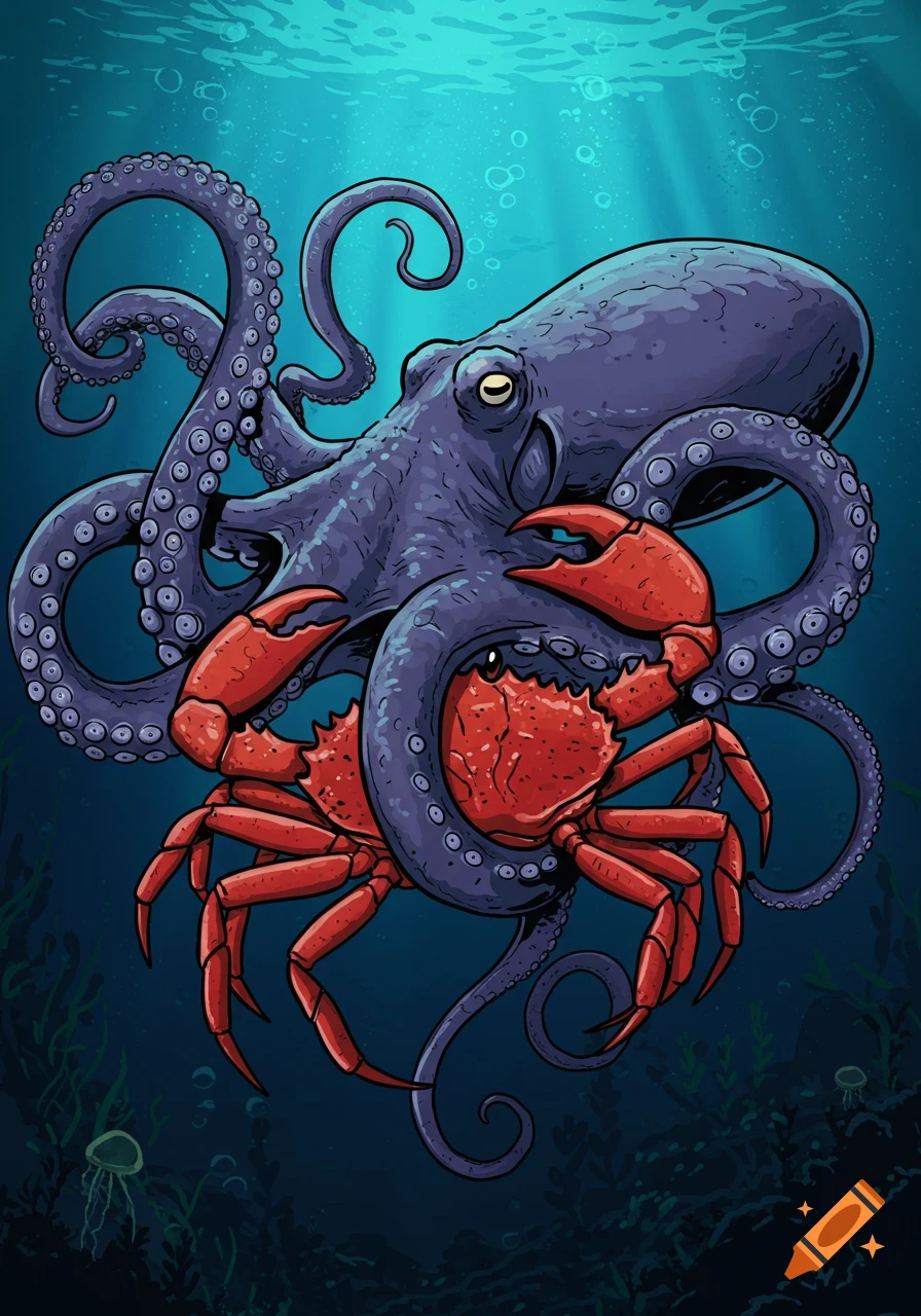 A digital illustration shows a blue octopus holding a red crab underwater.