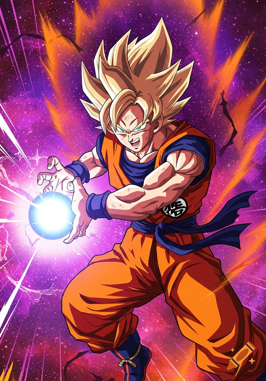 Anime style image of Goku in fighting stance charging a blue energy attack