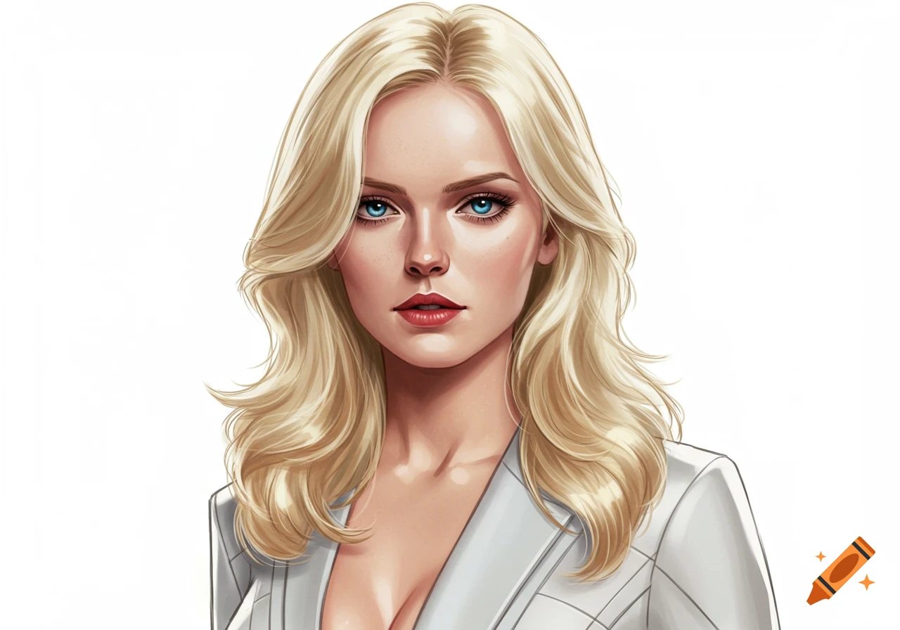 Portrait of a blonde woman in a white blazer