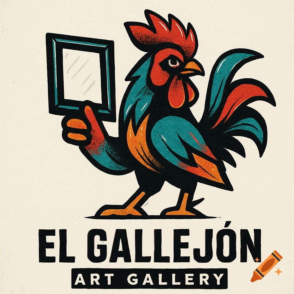 Stylized logo of a rooster holding a picture frame with text 'EL GALLEJÓN ART GALLERY'.
