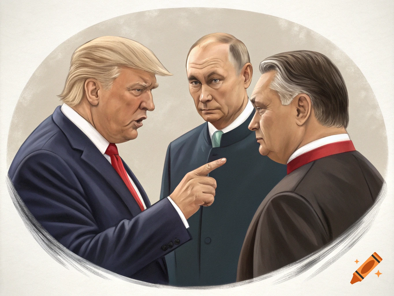 Illustration of Donald Trump pointing at Viktor Orban while Vladimir Putin watches.