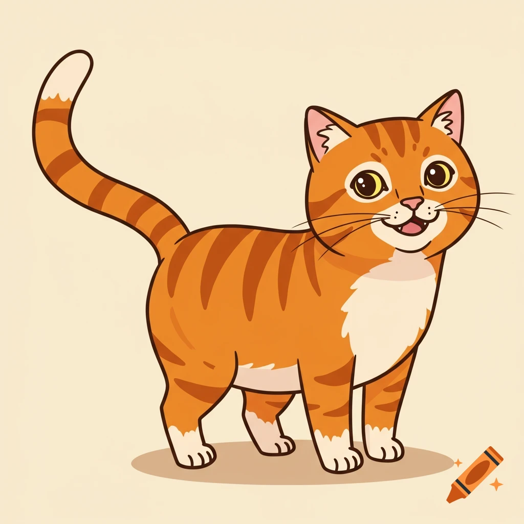 A cartoon illustration of an orange tabby cat smiling.