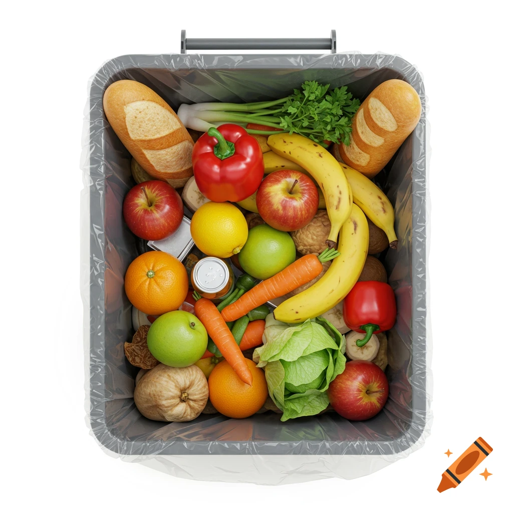 A top-down view of a trash bin filled with food waste, including fruits, vegetables, and bread.