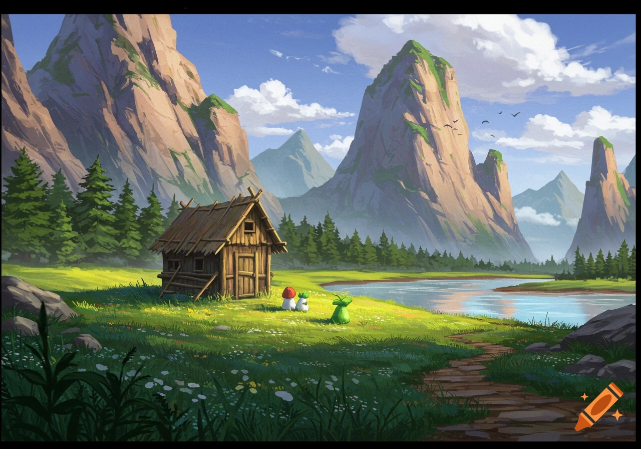 A cabin is nestled in a mountain landscape, with a river flowing nearby and two small figures in the scene.