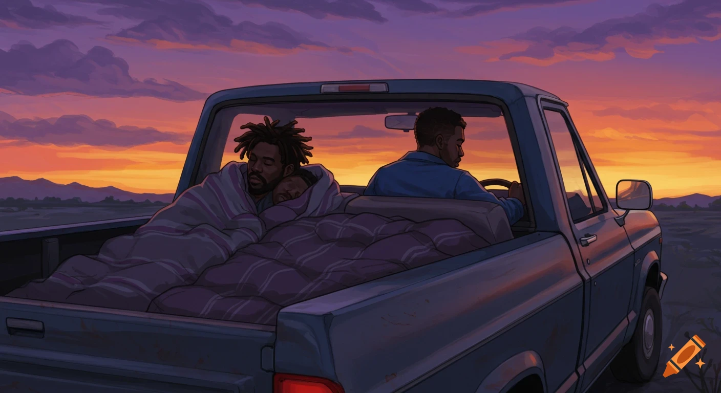Two people sleeping in the bed of a pickup truck driven by a third person at sunset.