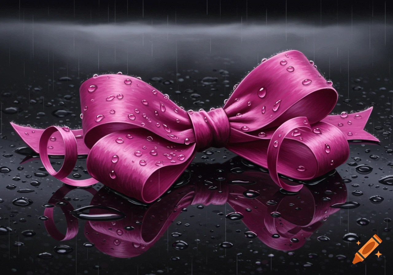 A pink bow covered in raindrops rests on a dark, wet surface with reflection.
