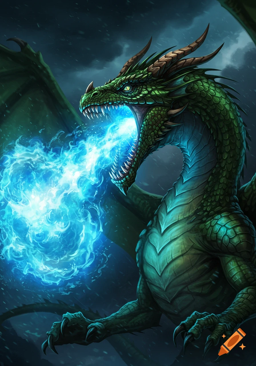A green mythical dragon breathing blue fire.