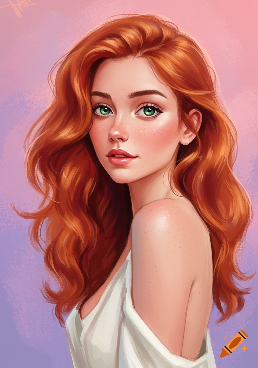 Portrait of a young woman with long red hair and green eyes looking over her bare shoulder.