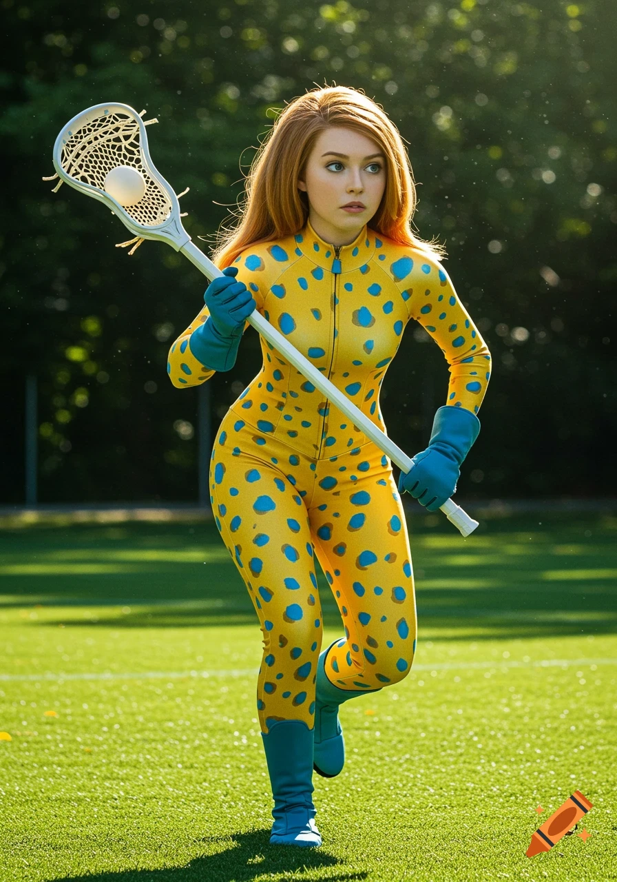 Woman in yellow cheetah-print suit and blue boots playing lacrosse on a green field.