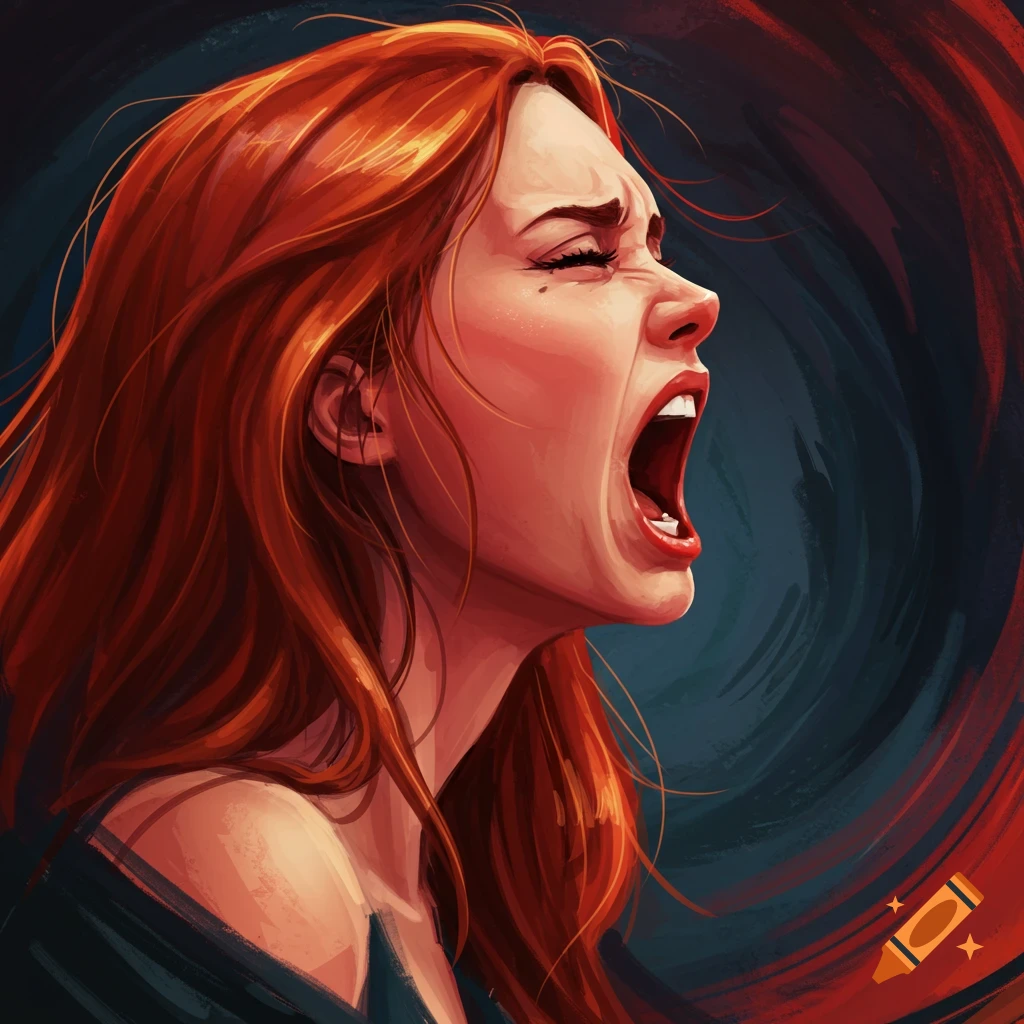 A woman with red hair screaming with eyes closed.
