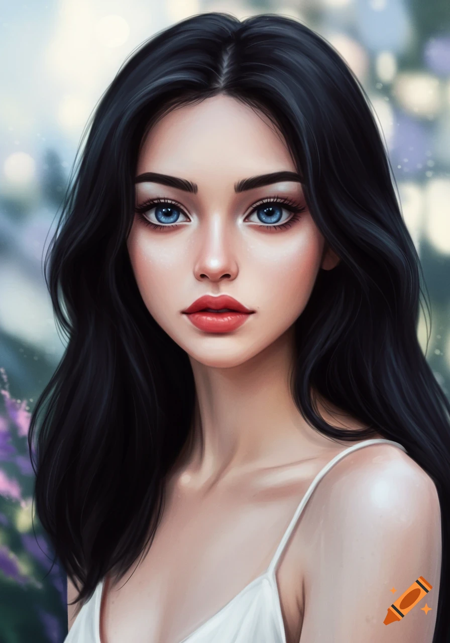 Portrait of a young woman with long black hair and blue eyes.