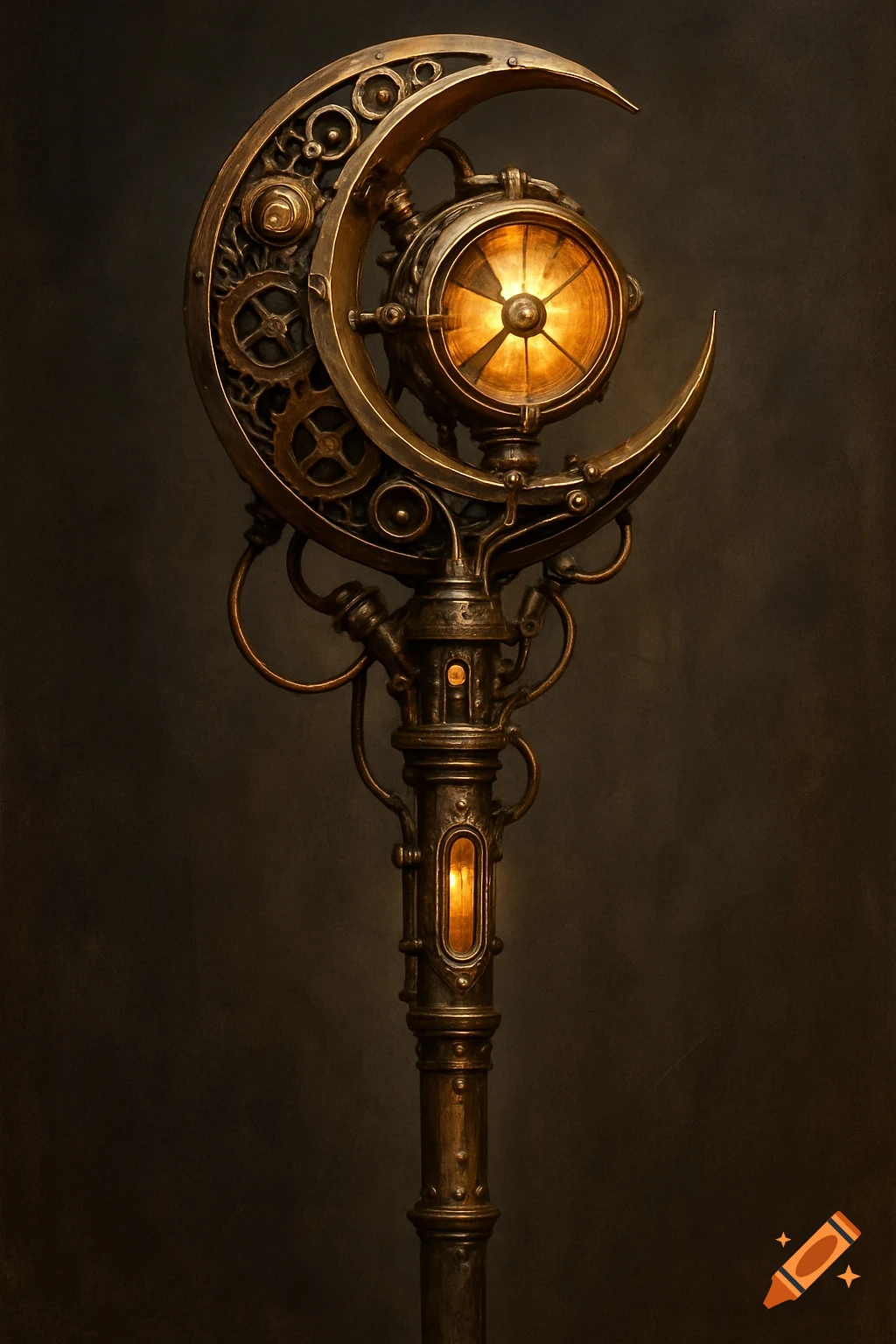 A steampunk staff with a crescent moon crest, gears, pipes, and a glowing mechanism.