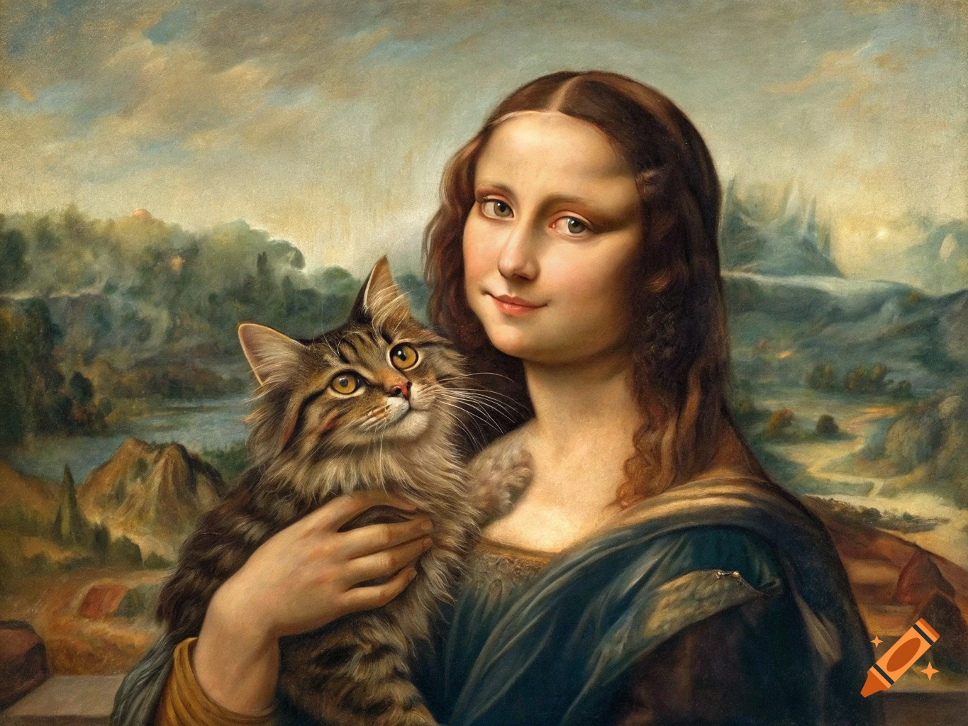 A painting in the style of the Mona Lisa shows a woman holding a tabby cat.