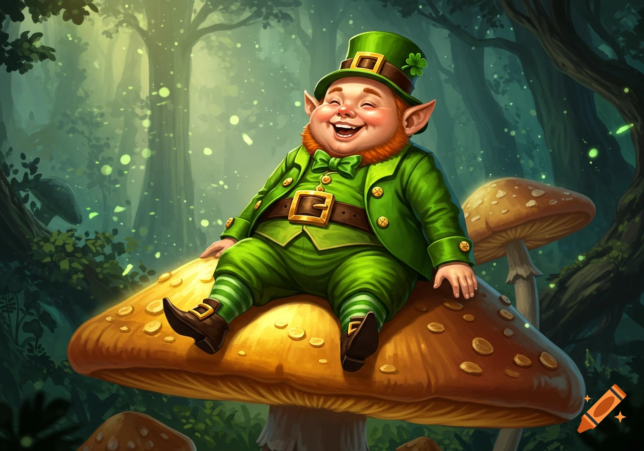 A fat leprechaun sitting on a mushroom in a forest.
