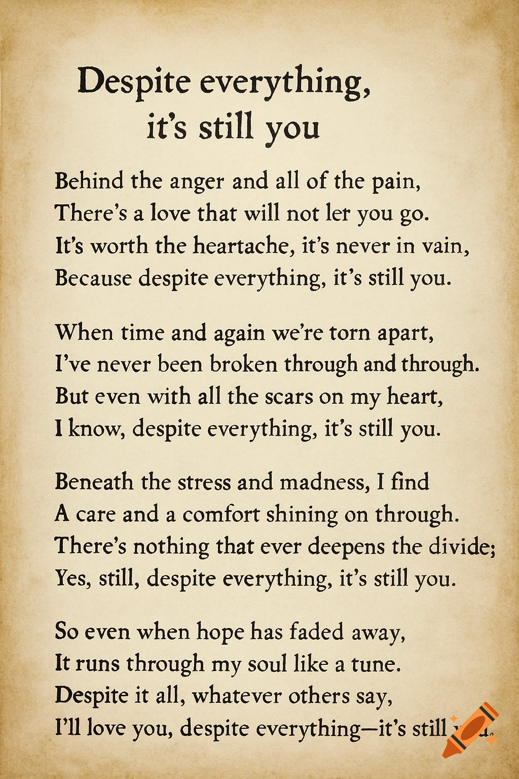 A poem titled 'Despite everything, it's still you' on a textured paper background.