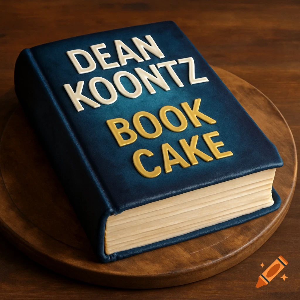 A cake decorated to look like a dark blue book with the text "DEAN KOONTZ BOOK CAKE" on the cover.