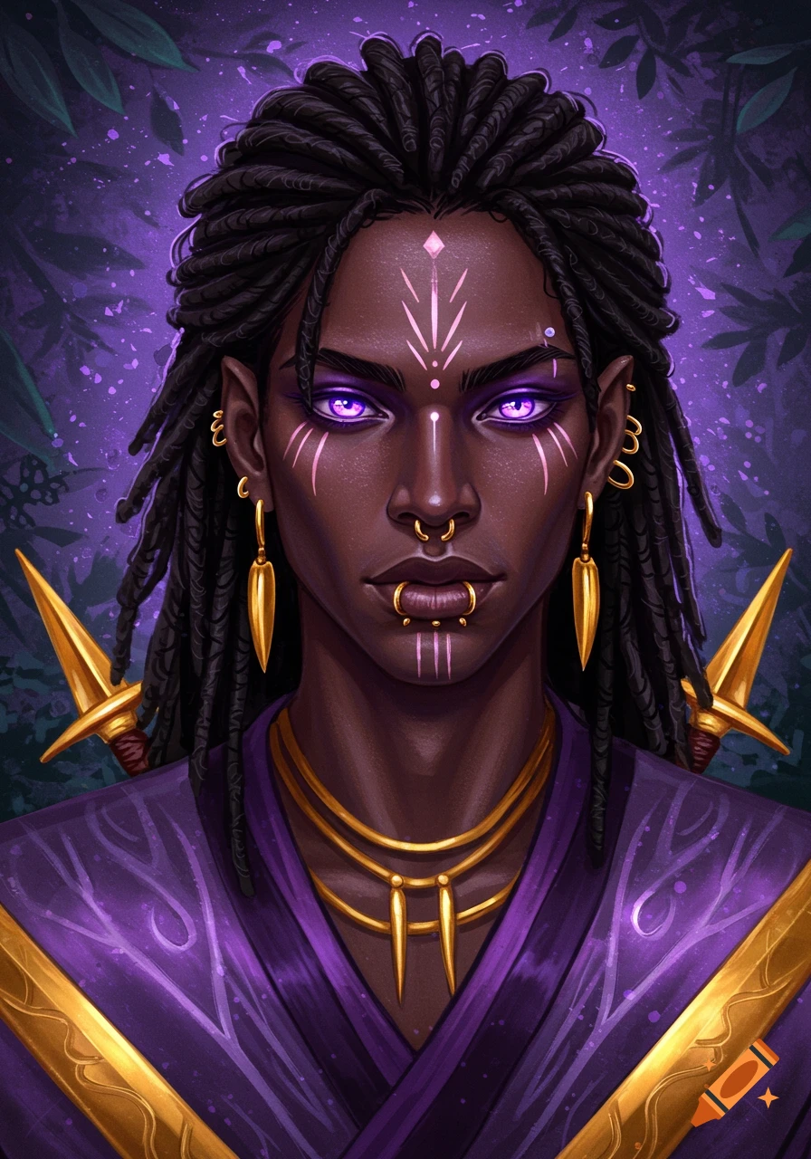 Portrait of a fantasy character with violet glowing eyes, dreadlocks, face piercings, gold jewelry, and purple clothing.