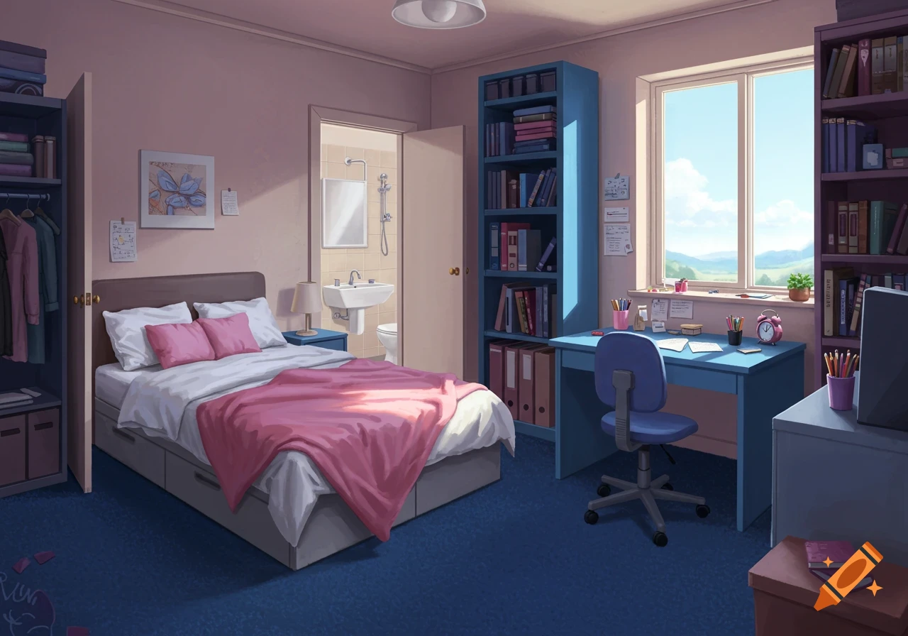 An anime-style image of a cozy bedroom with a bed, desk, bookshelf, and a window showing a landscape view.