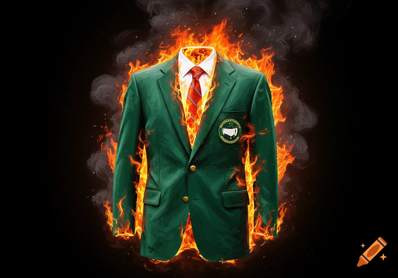 A green golf jacket is engulfed in flames and smoke against a black background.
