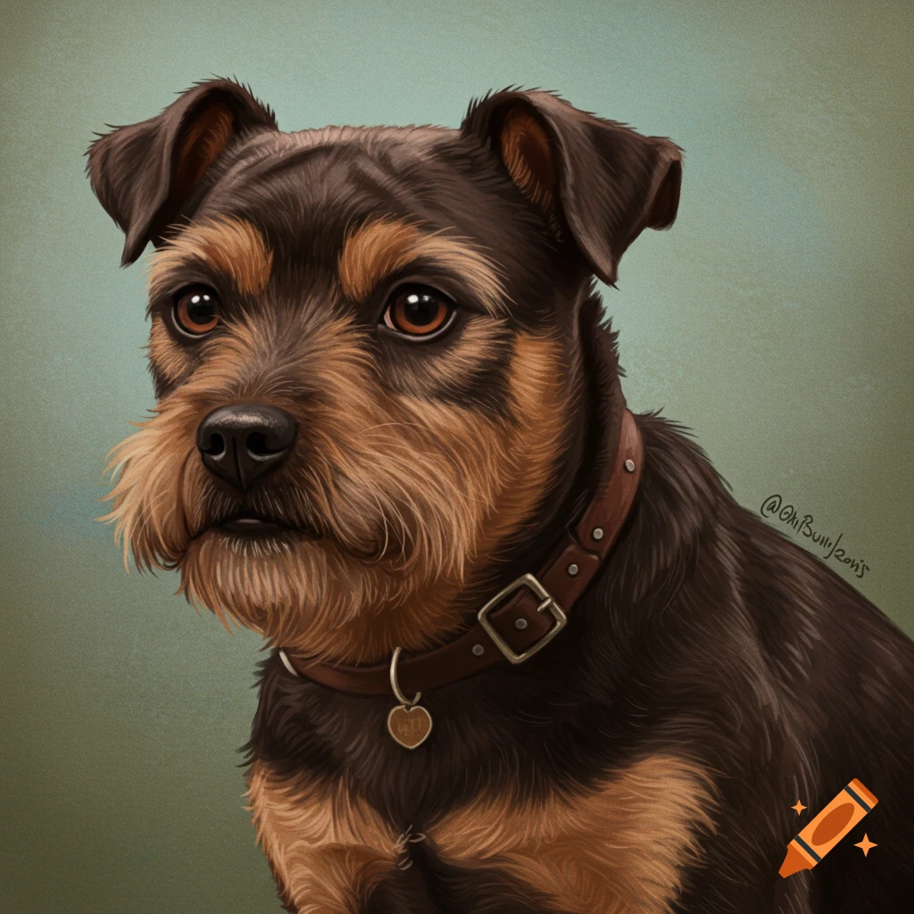 Portrait of a brown and tan terrier mix dog wearing a leather collar.