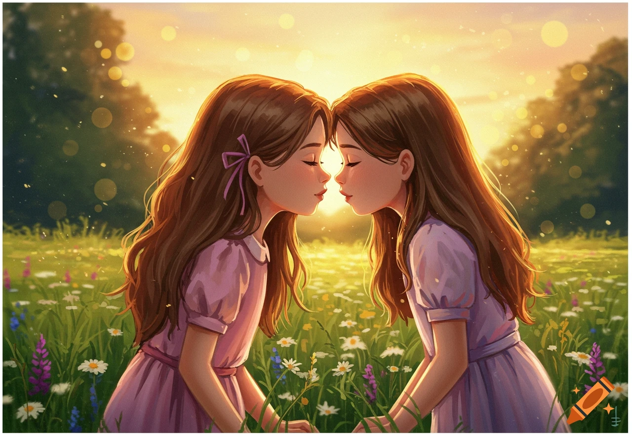 Two girls facing each other in a flower field at sunset.