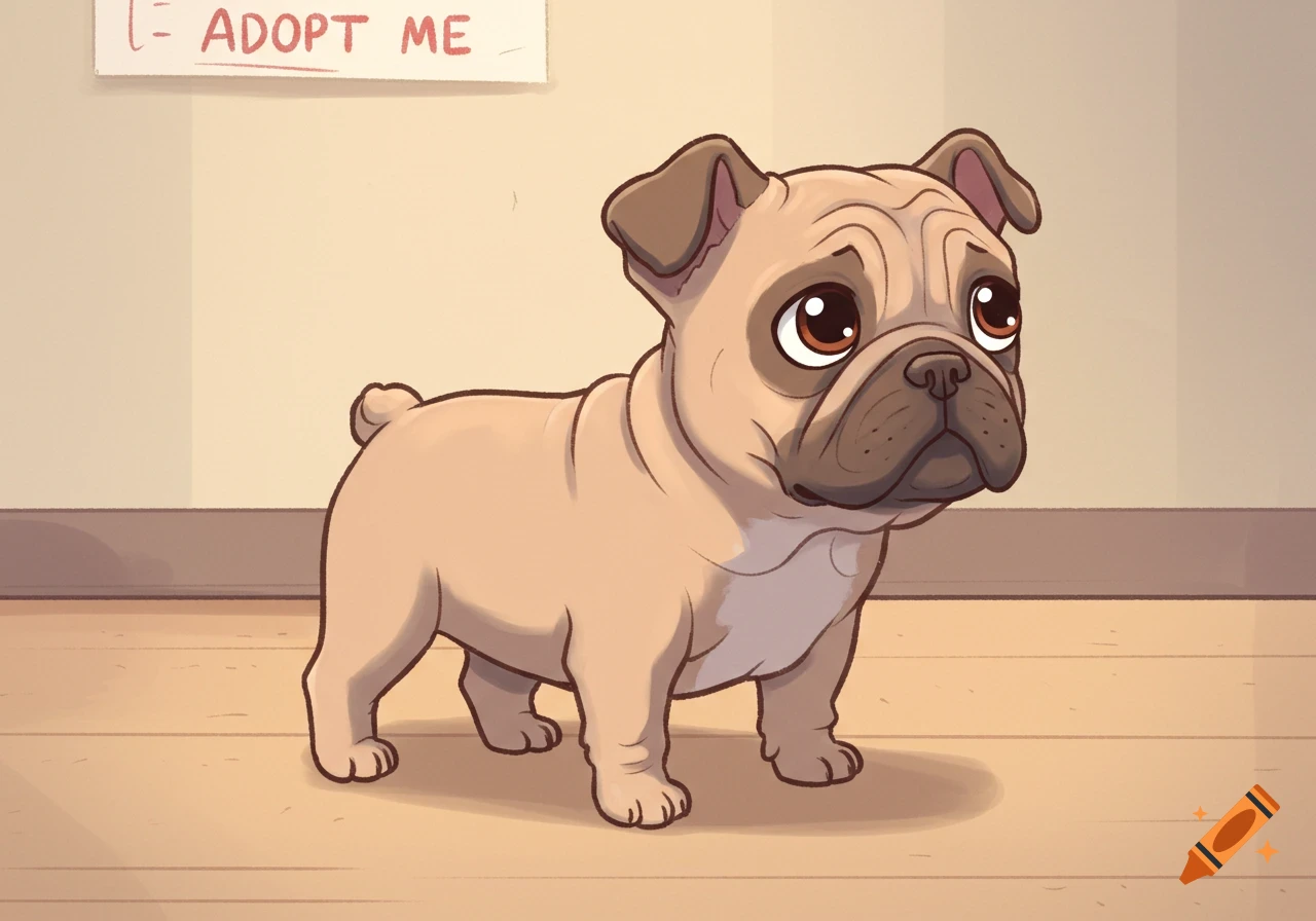 A sad-looking cartoon french bulldog puppy stands by a sign that says "ADOPT ME".