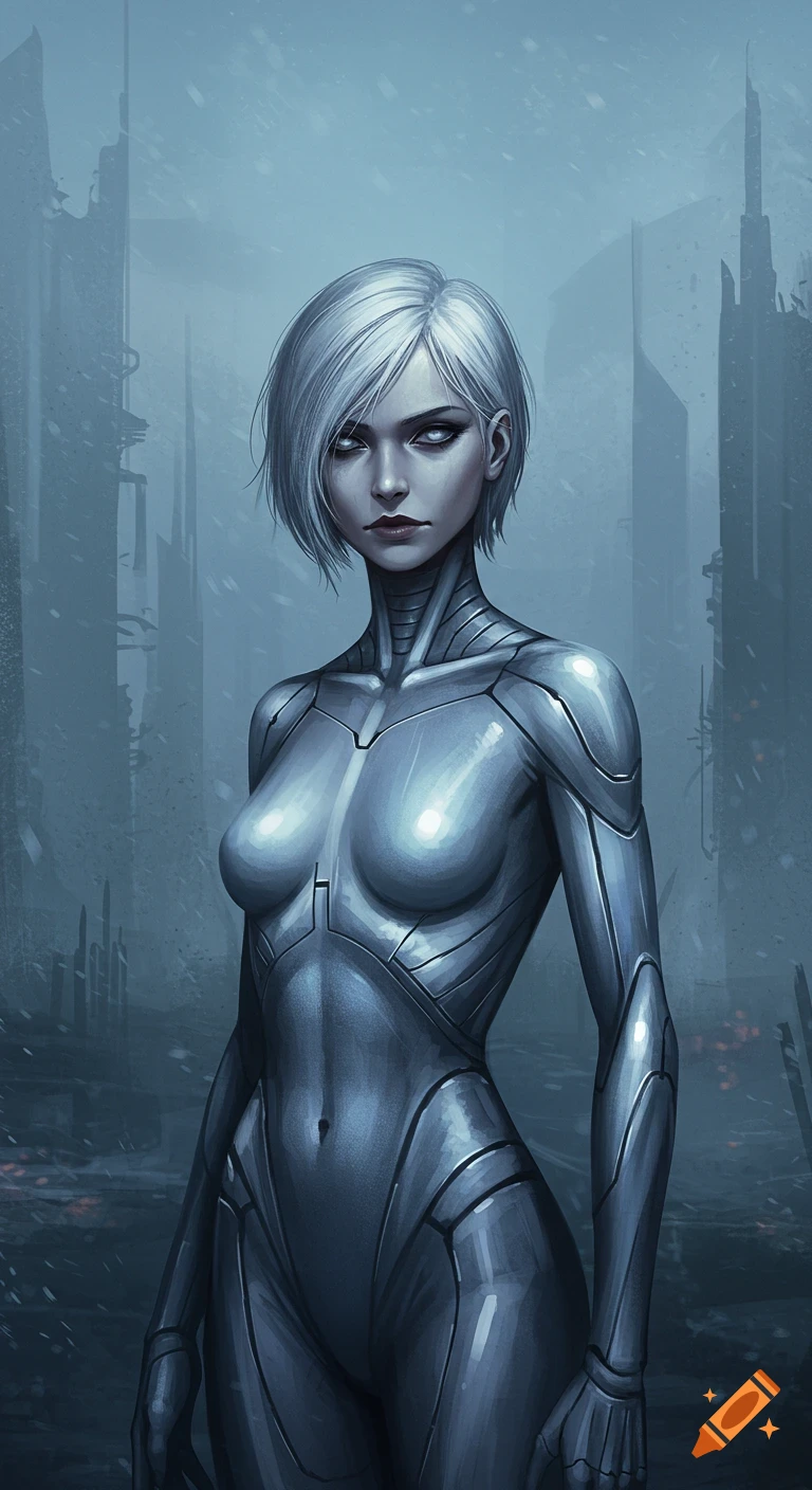 A woman with silver hair and gray eyes wears a silver bodysuit in a grim futuristic city.