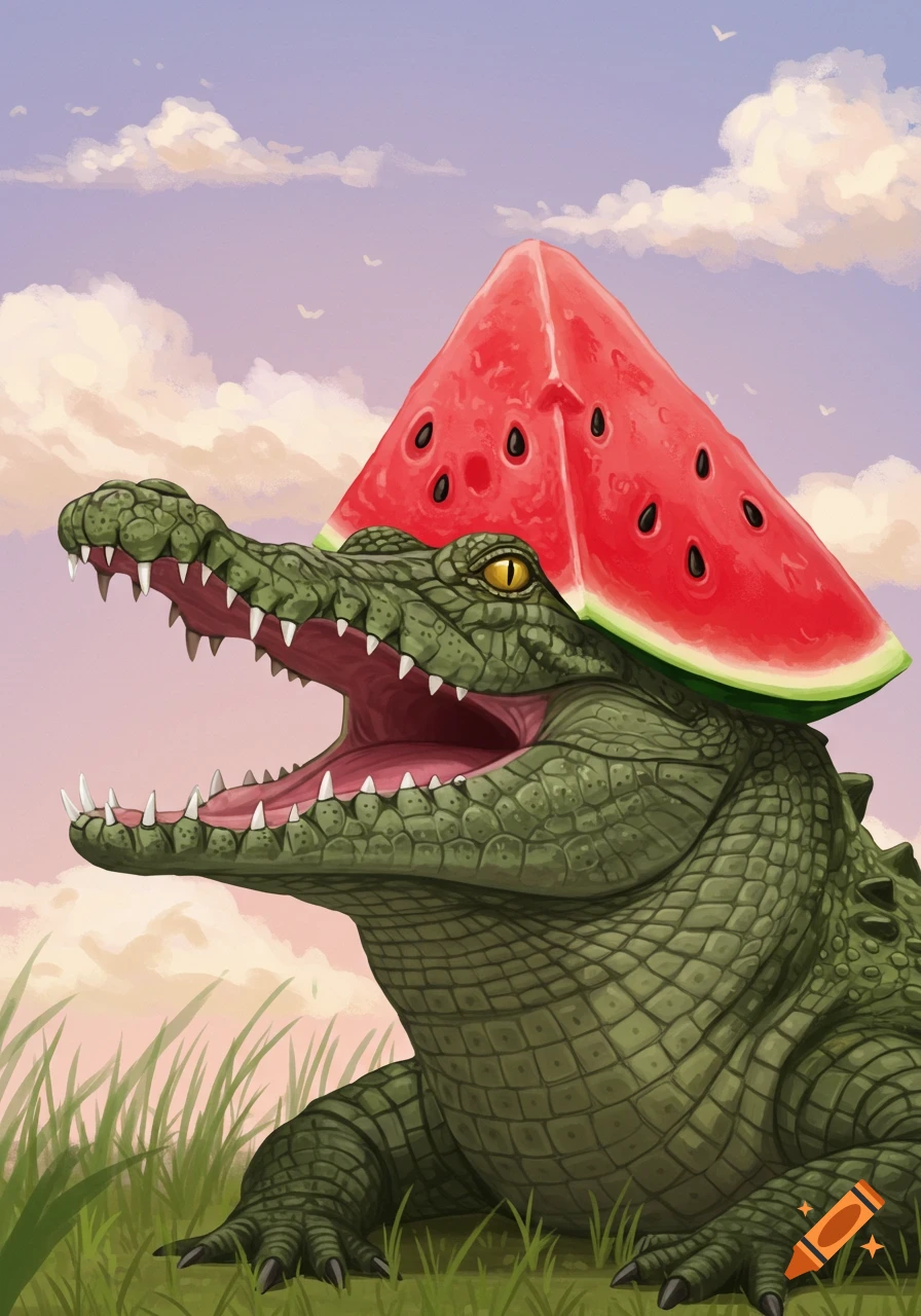 A crocodile is wearing a slice of watermelon on its head in a field at sunset.