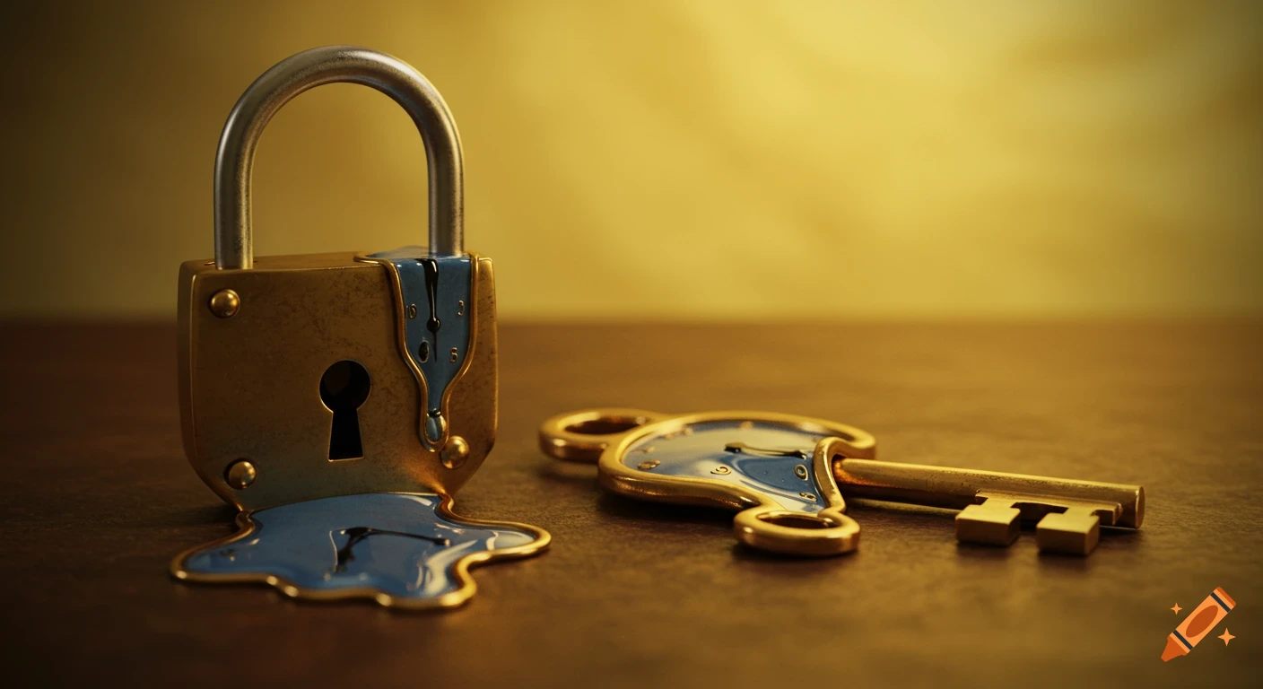 A cinematic photorealistic image of a golden padlock and key melting in the style of Salvador Dali, with blue material dripping from them and resembling clock faces.