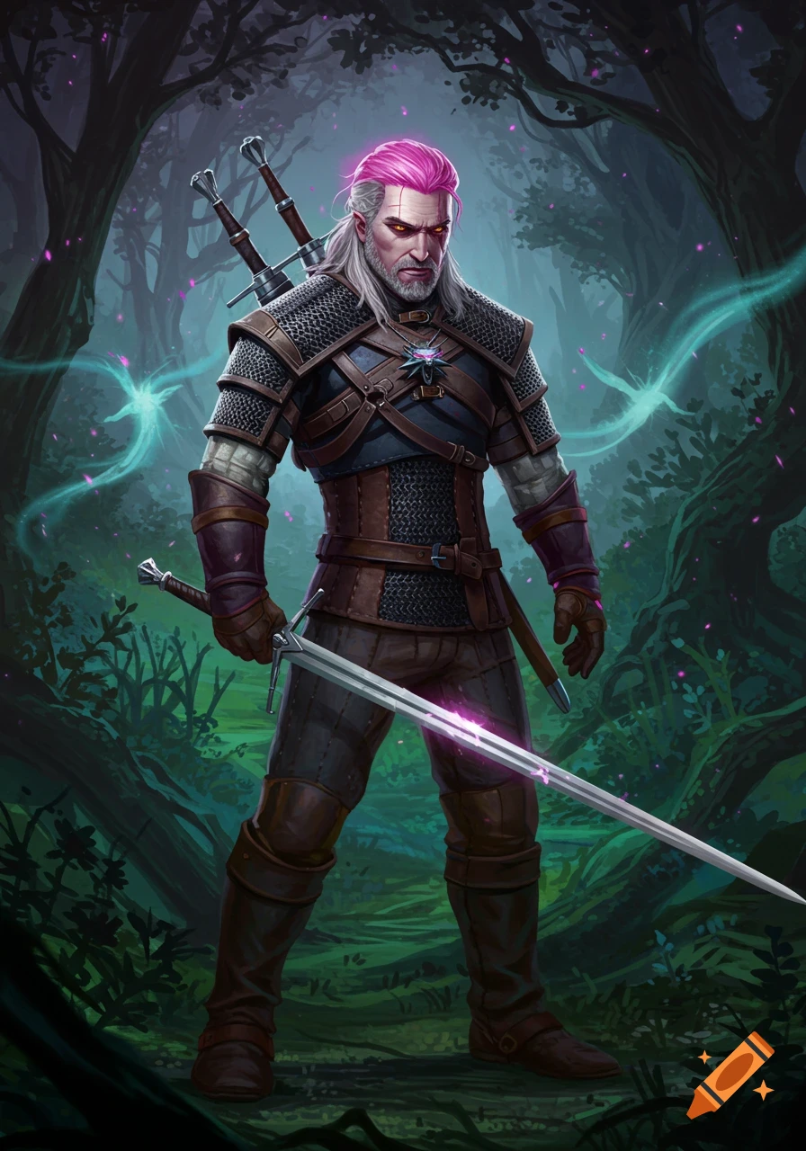 A man with pink hair and beard wears armor and holds a sword in a dark ...