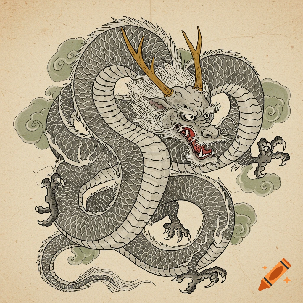 Traditional Japanese ink illustration of a coiled grey dragon with white mane, golden horns, and sharp claws, surrounded by stylized green clouds on aged paper.