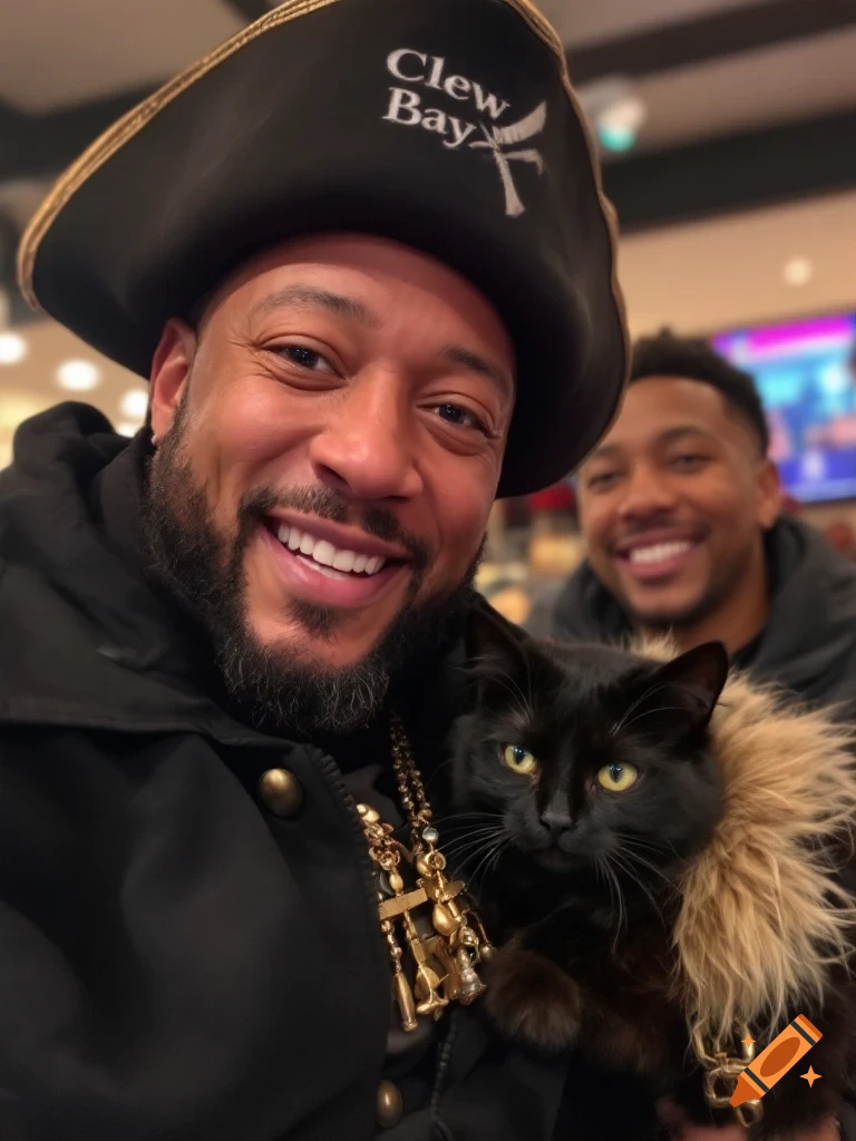 A photo of a man in a pirate hat holding a black cat, with another man smiling in the background.