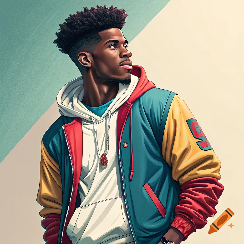 Digital portrait of a young man in a colorful jacket and hoodie