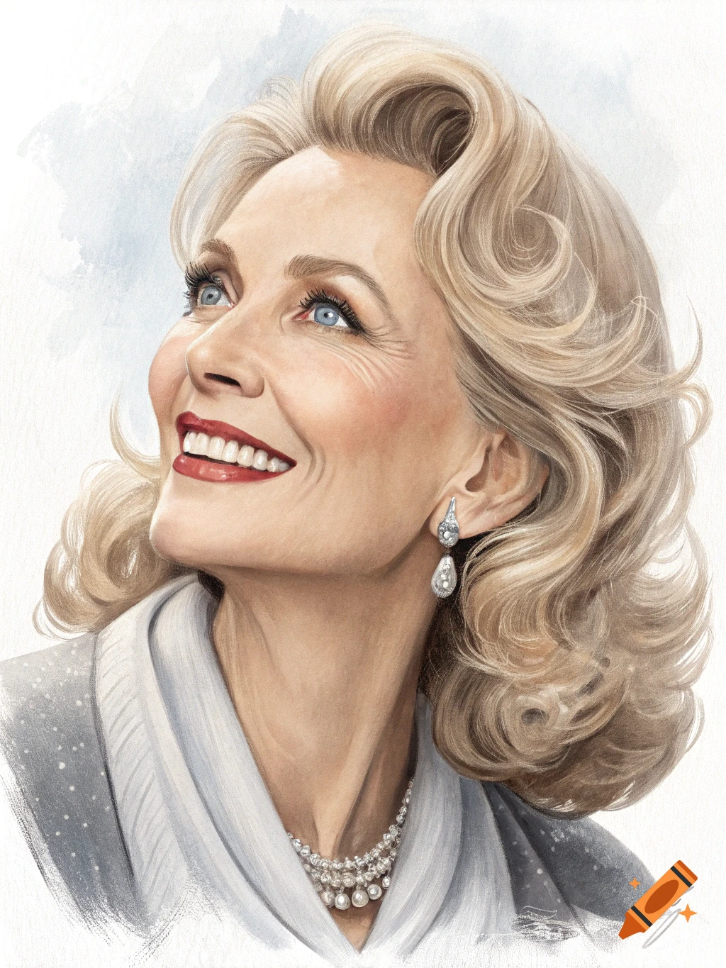 Painting of a smiling blonde woman looking up, wearing a pearl necklace and diamond earrings.