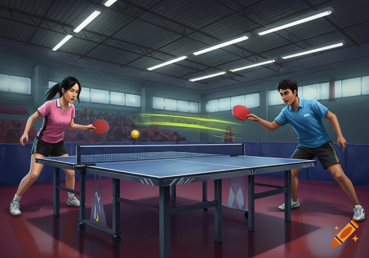 A man and woman are playing table tennis in an indoor arena.