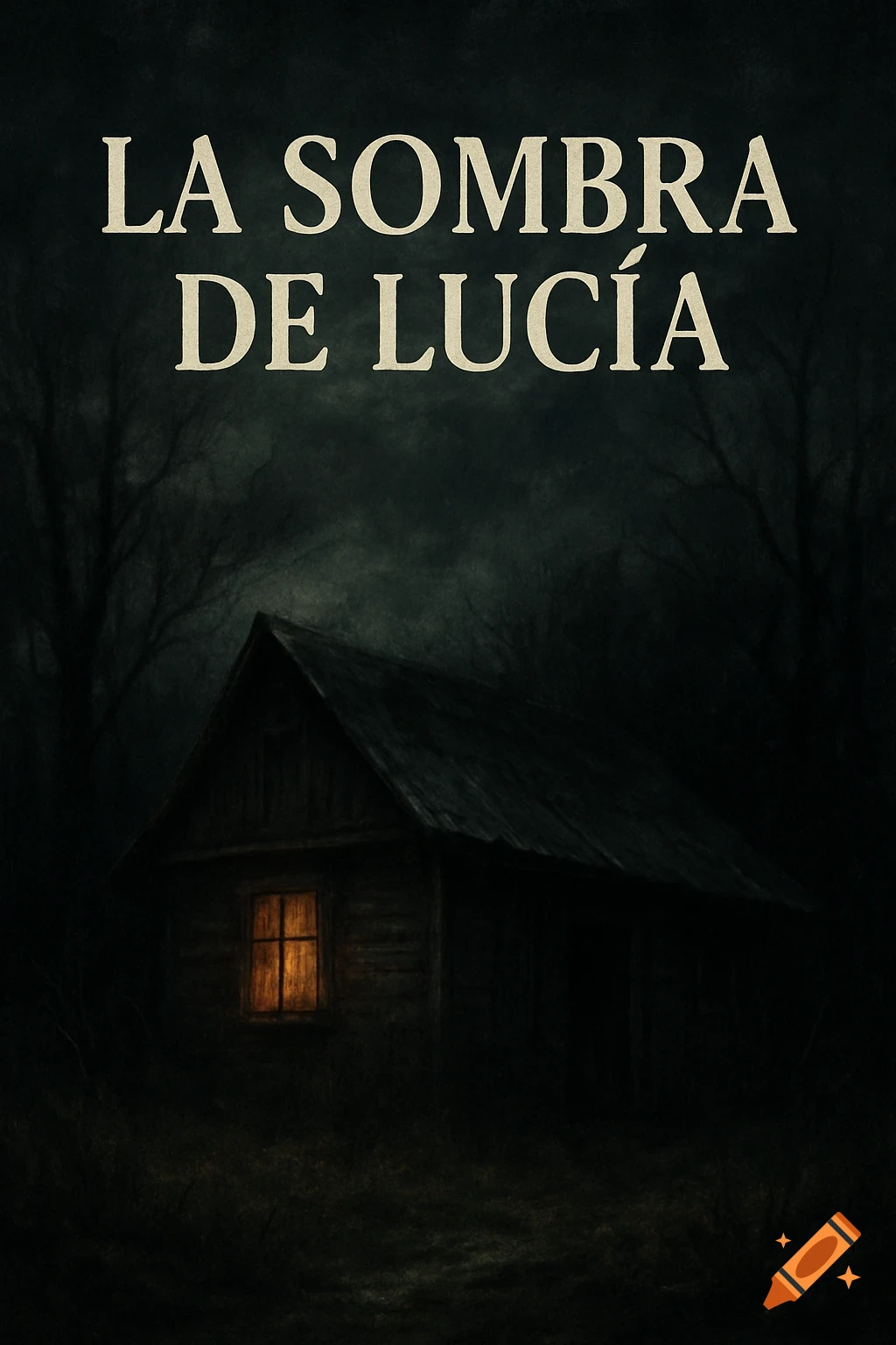 A dark cabin at night with glowing window, text 'LA SOMBRA DE LUC


C



I





















A' above. Somber atmosphere.
