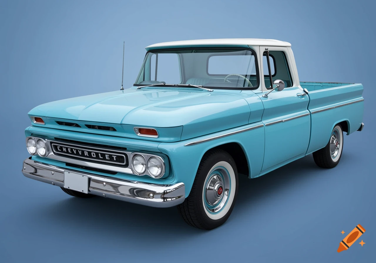 A light blue and white classic Chevrolet C10 pickup truck in a studio setting.