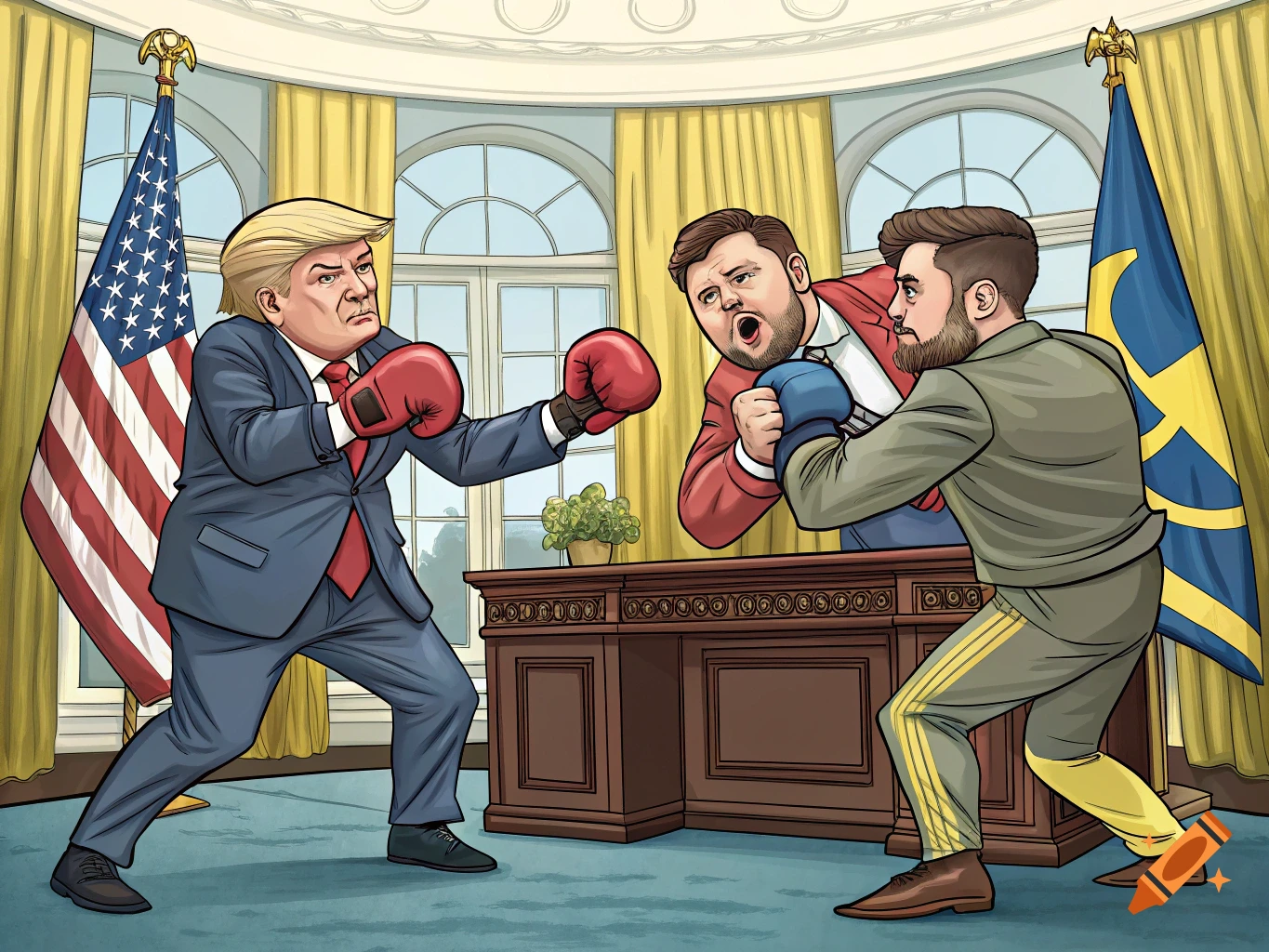 Cartoon of Trump, Zelenskyy, and Vance boxing in the Oval Office in Beano style.