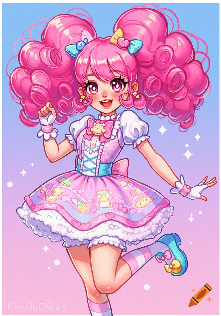 An anime girl with pink pigtails and curly hair is wearing a pink and white dress with lace, bows, and patterned skirt. She is striking a pose.