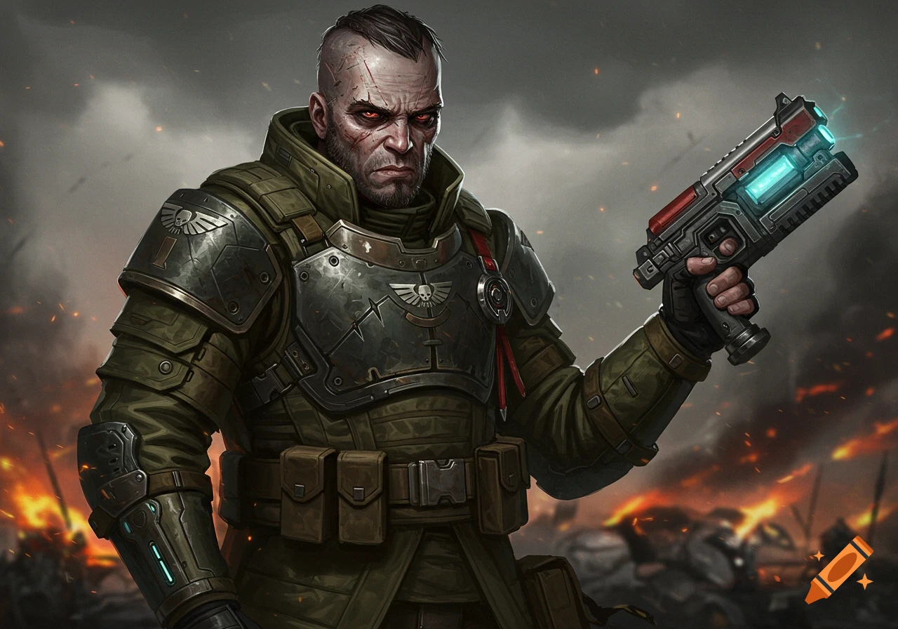 A futuristic soldier in armor holds a laser pistol against a smoky battle background.