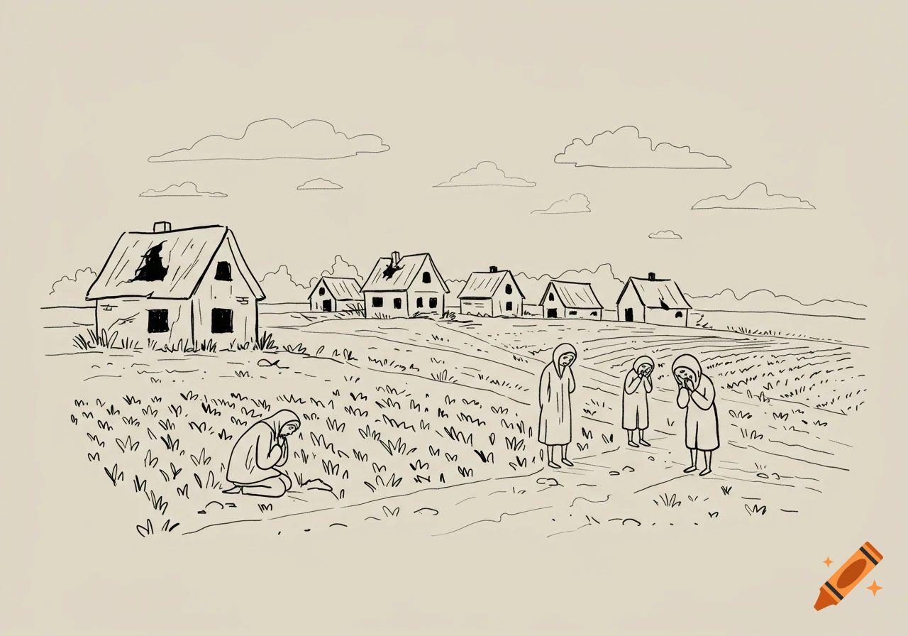 Simple line drawing of a destroyed village with houses in ruins, empty fields, and sad, crying people.