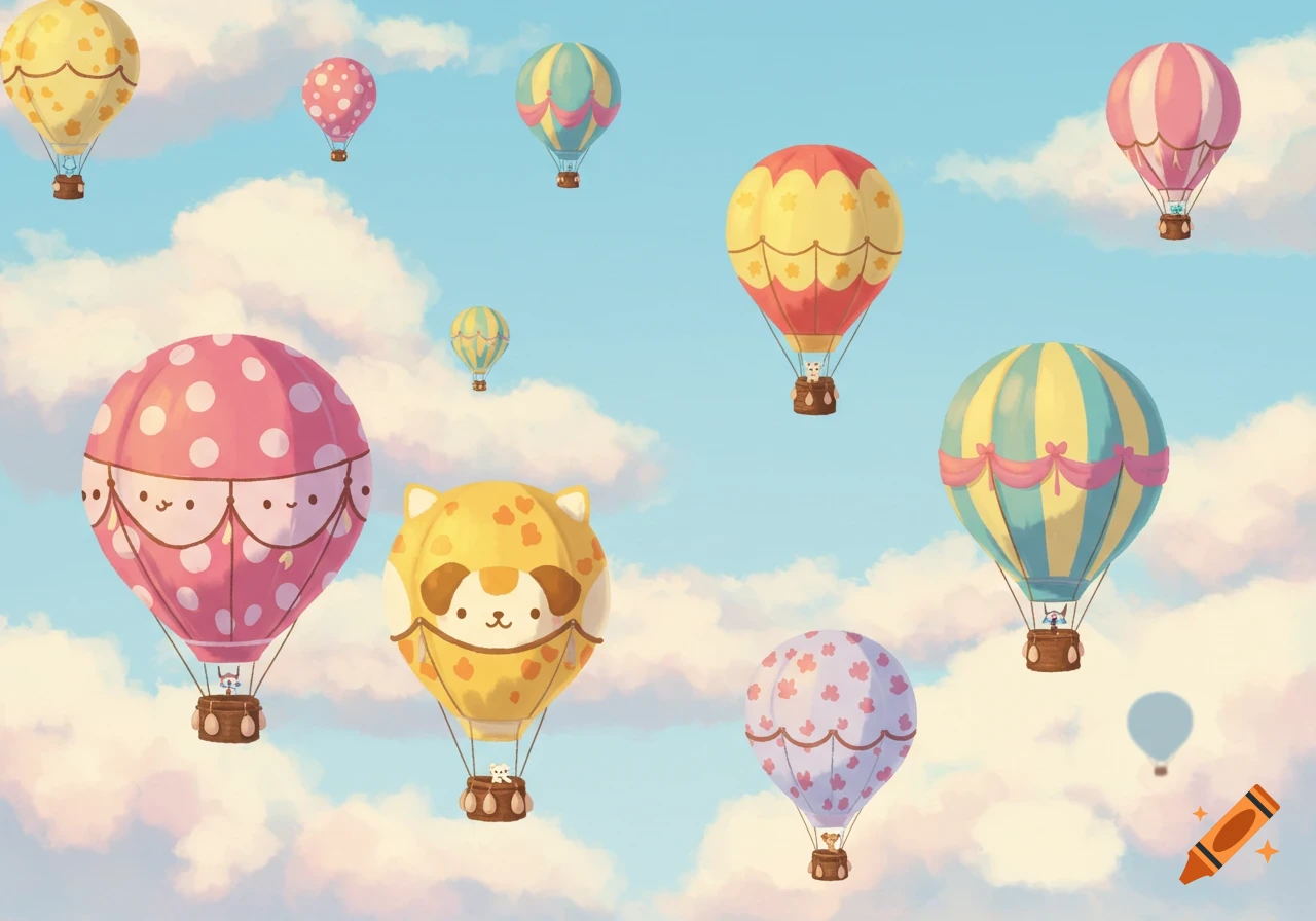 Cute hot air balloons, some with faces, floating among clouds.