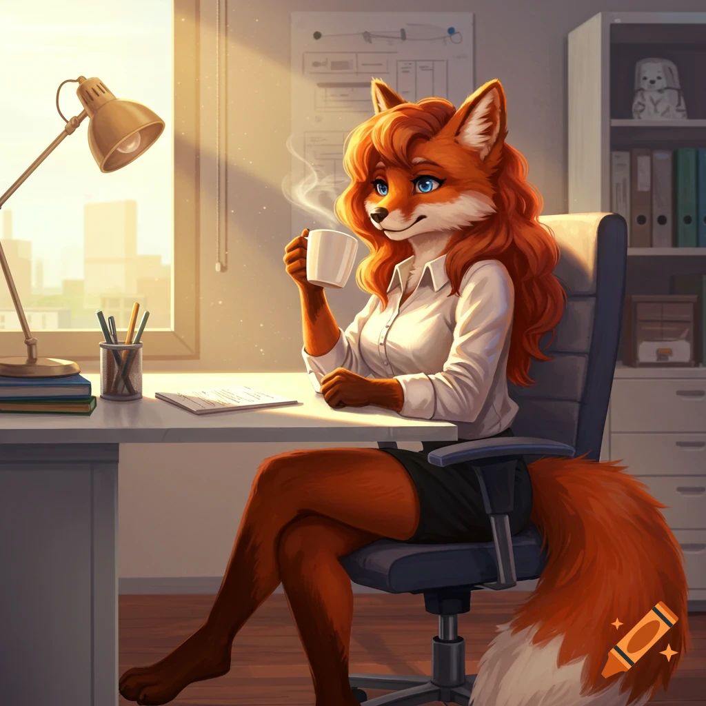 A fox furry character sits at a desk in an office, holding a coffee cup.
