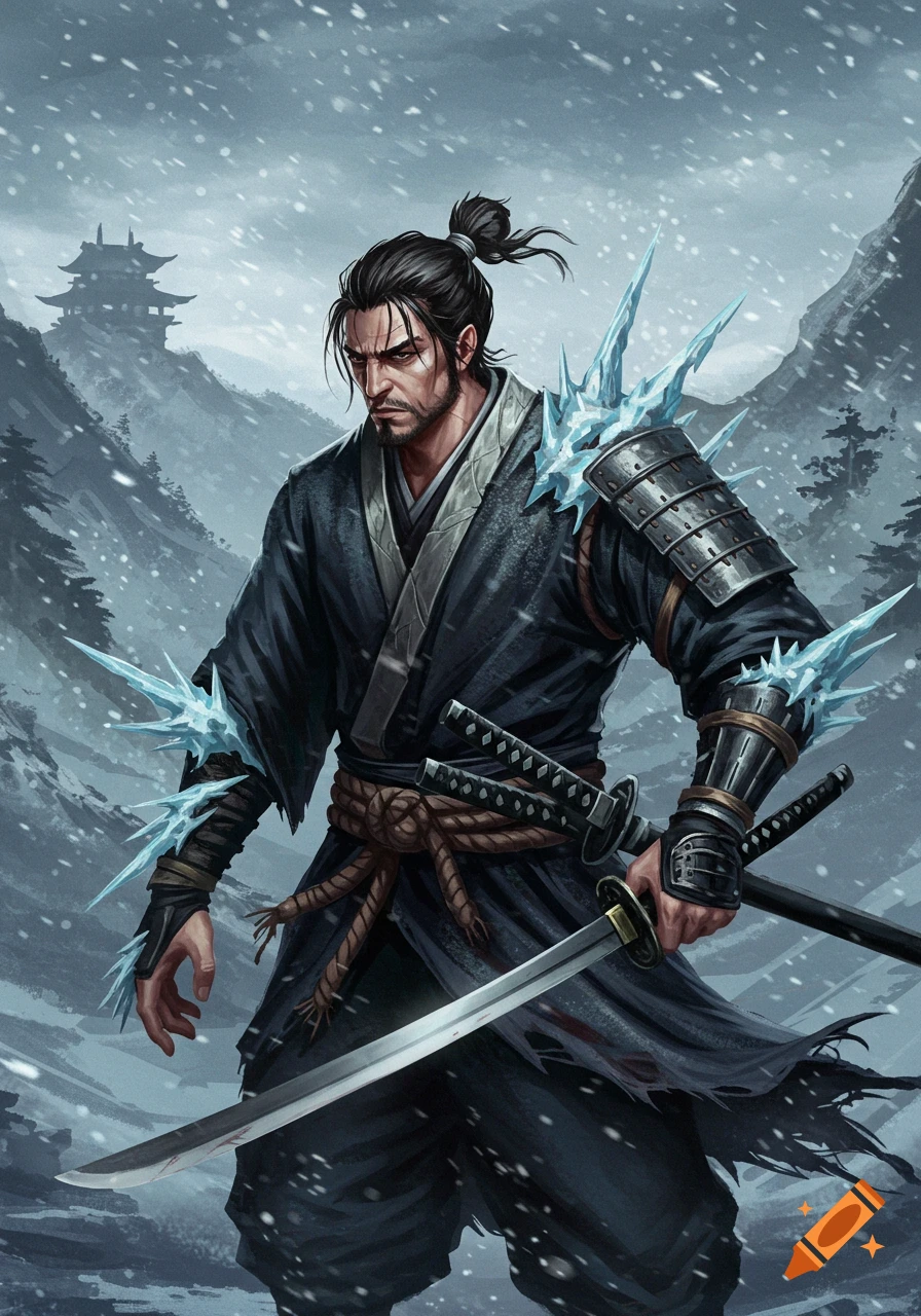 A samurai with ice spikes in a snowy mountain landscape with a pagoda.