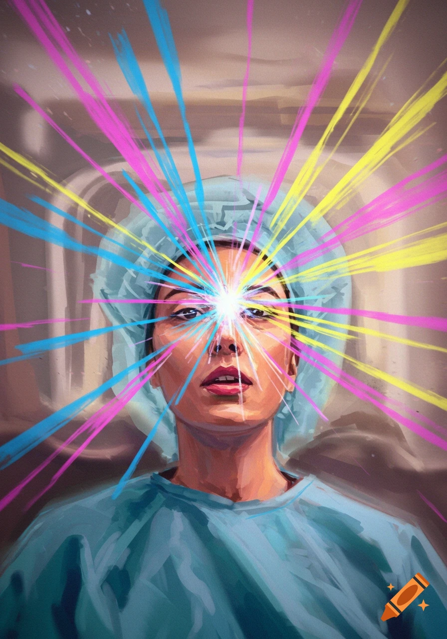A person in surgery scrubs with colorful light beams shooting from their eyes.