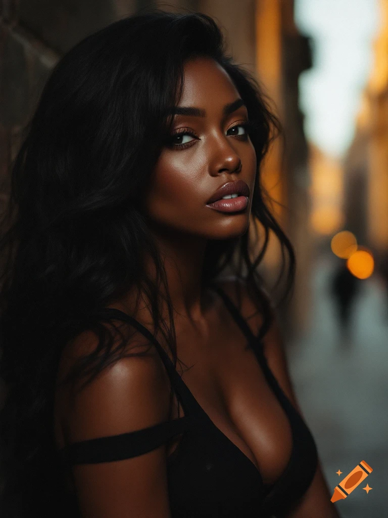Photorealistic portrait of a Black woman posing outdoors.