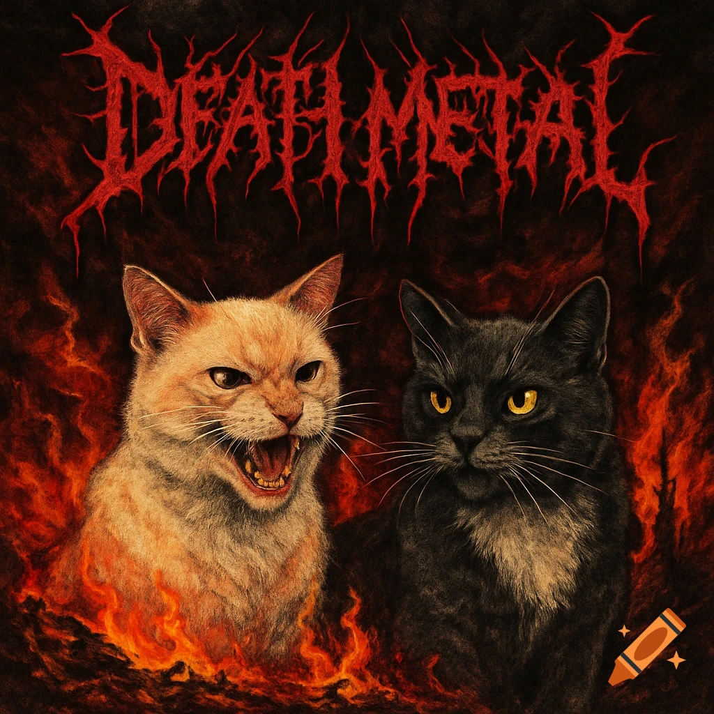 Two cats, one orange and one gray, surrounded by fire under 'DEATH METAL' text, in a dark art style.