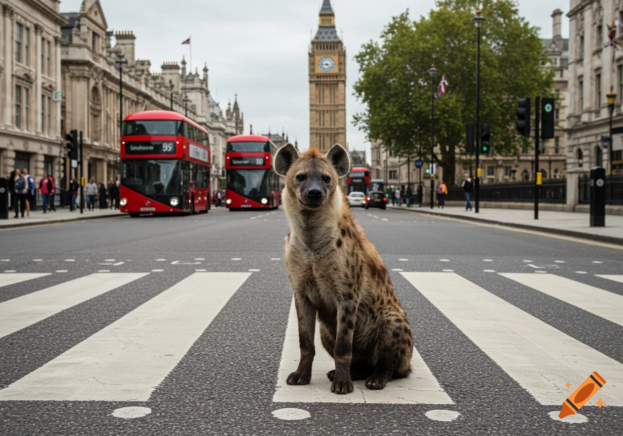 A hyena sits on a zebra crossing in London, with red double-decker buses and Big Ben in the background.