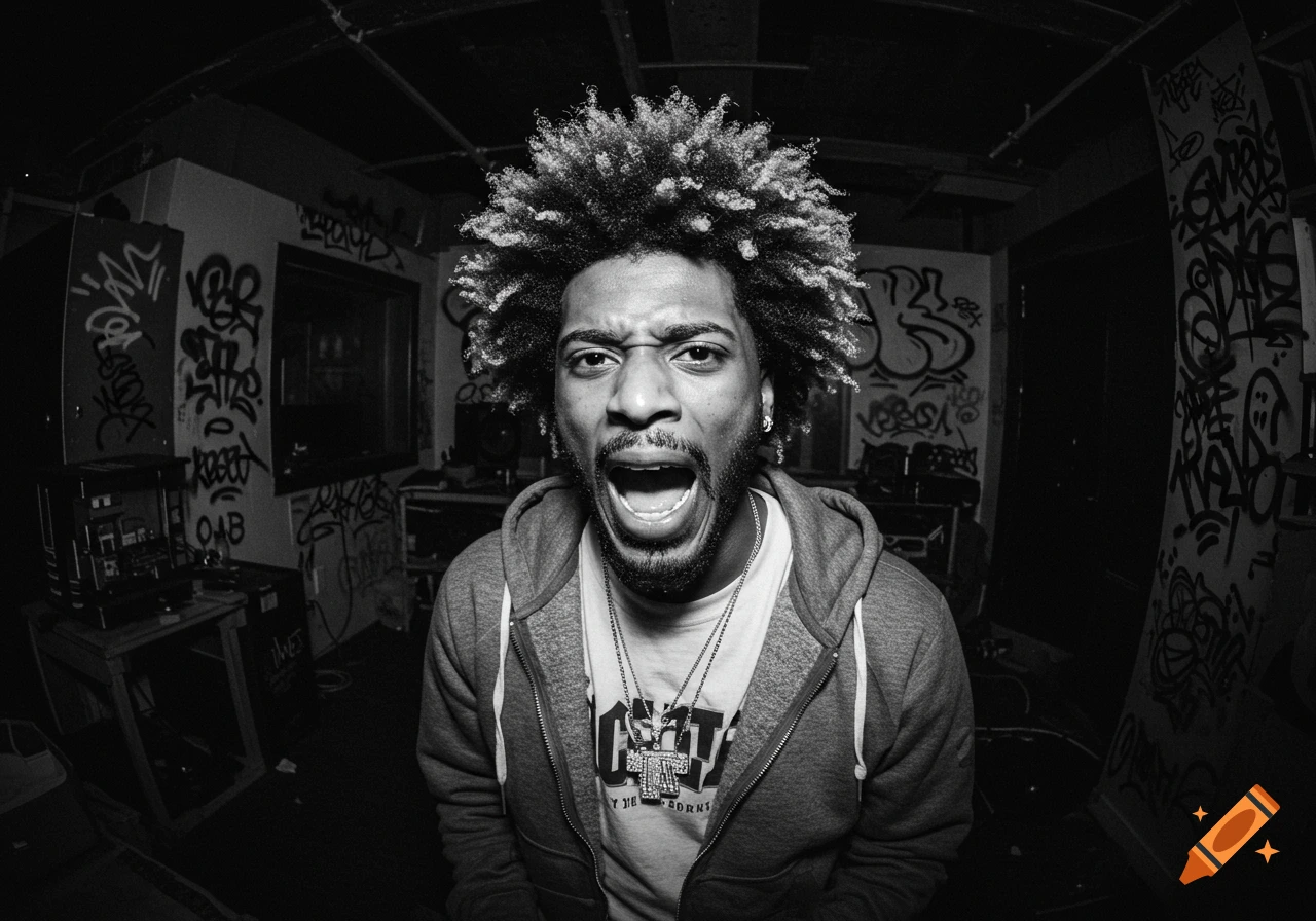 A black and white photo of a man with an afro shouting in a room covered in graffiti.